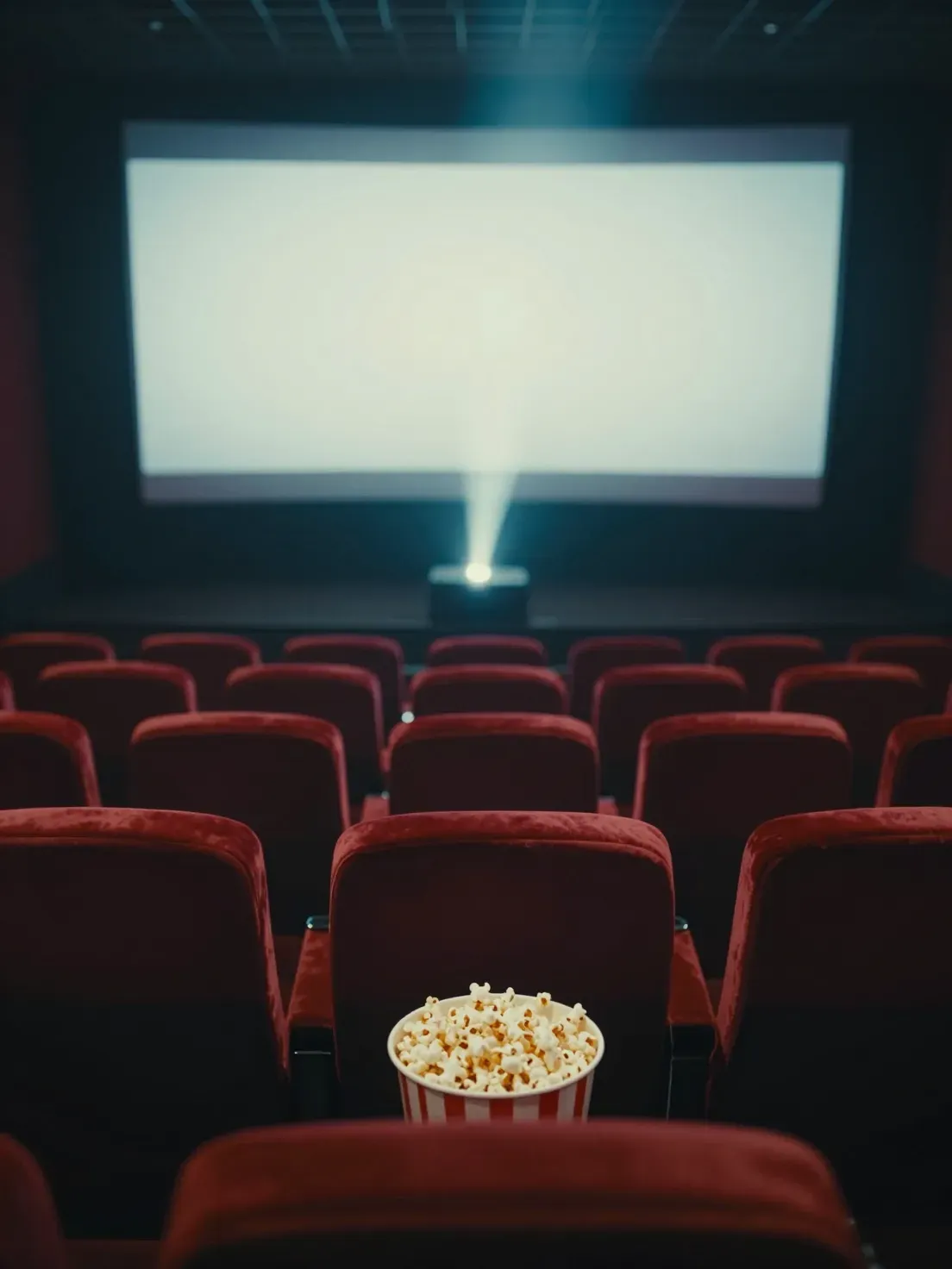 Empty cinema with red seats and popcorn