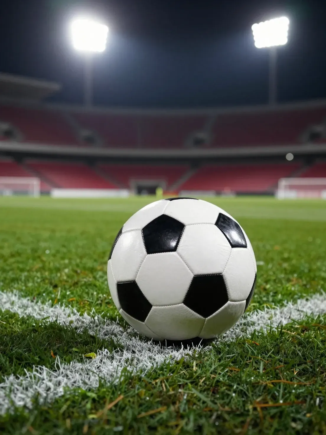 Football on a floodlit pitch at night