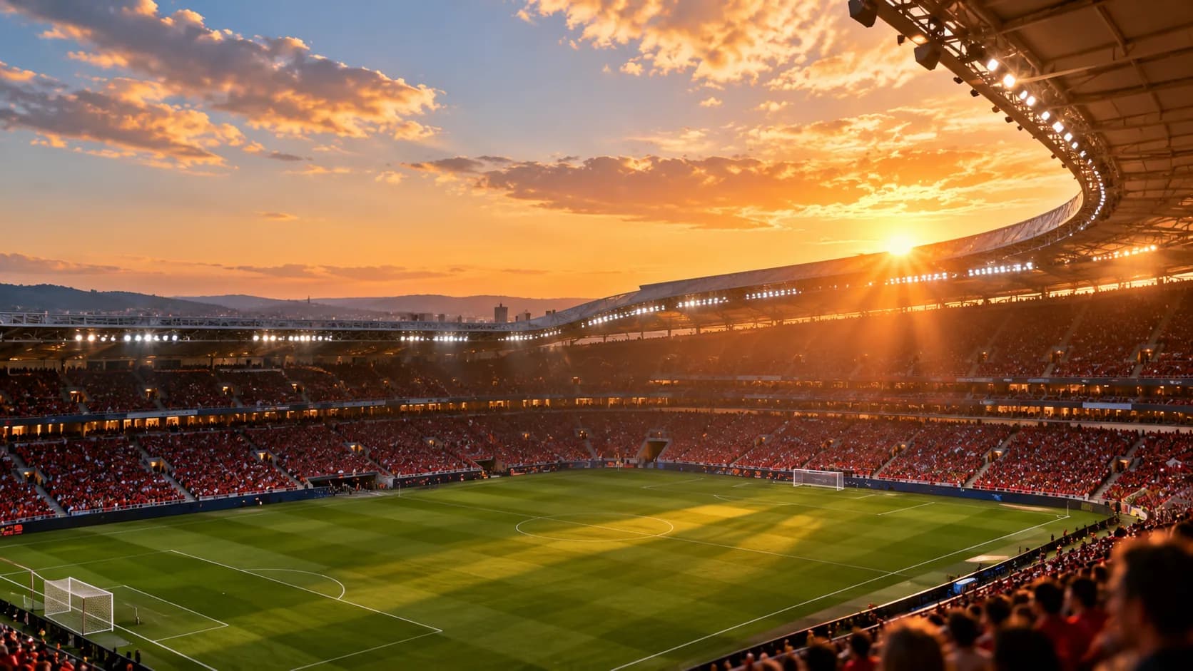 Football stadium at golden hour just before kickoff