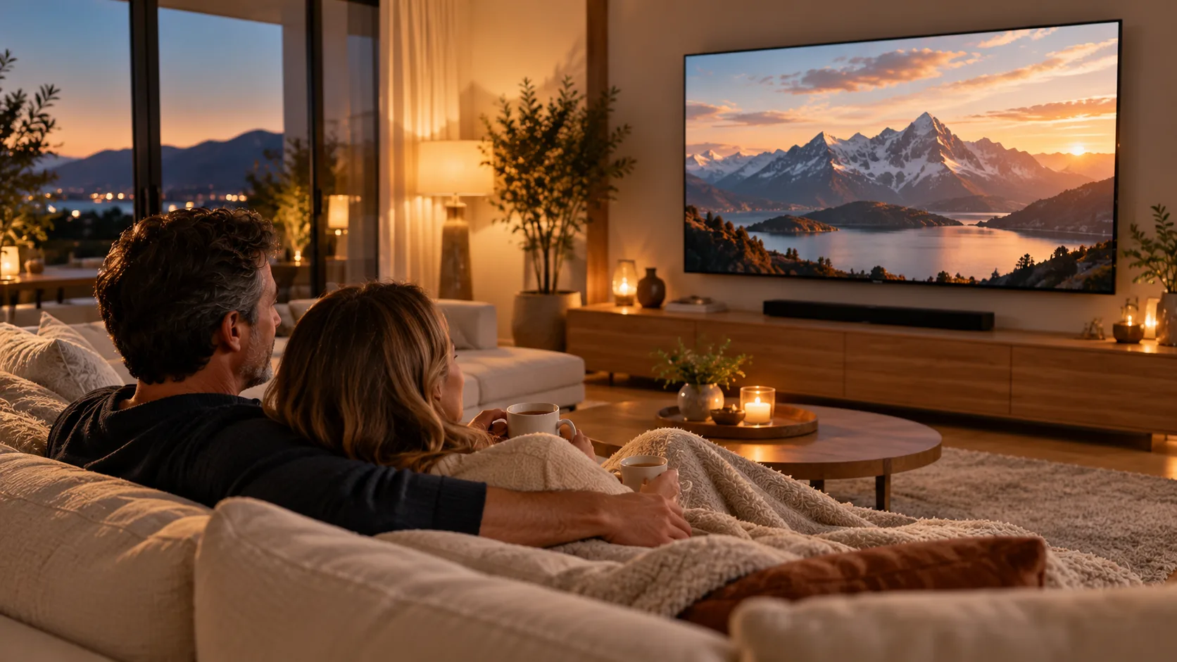 Couple relaxing on a sofa watching a landscape on a big TV