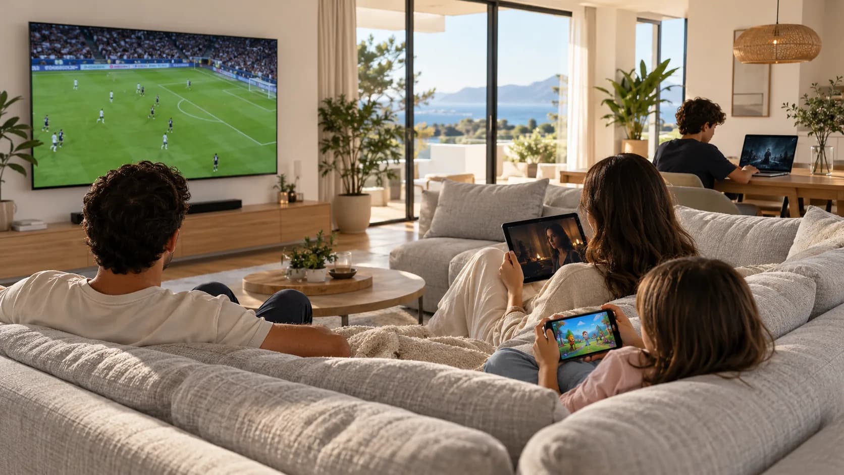 Family using a TV, tablet, laptop and phone at the same time