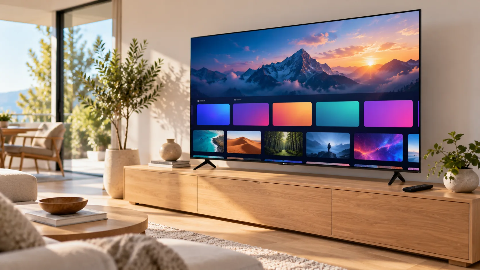Smart TV on a wooden cabinet showing a streaming home screen